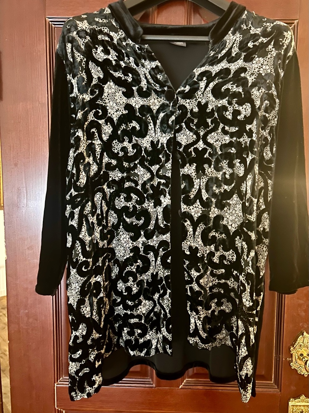 Chico's Travelers Collection Size 3 Black Velvet Burnout Lace Cardigan Jacket XL